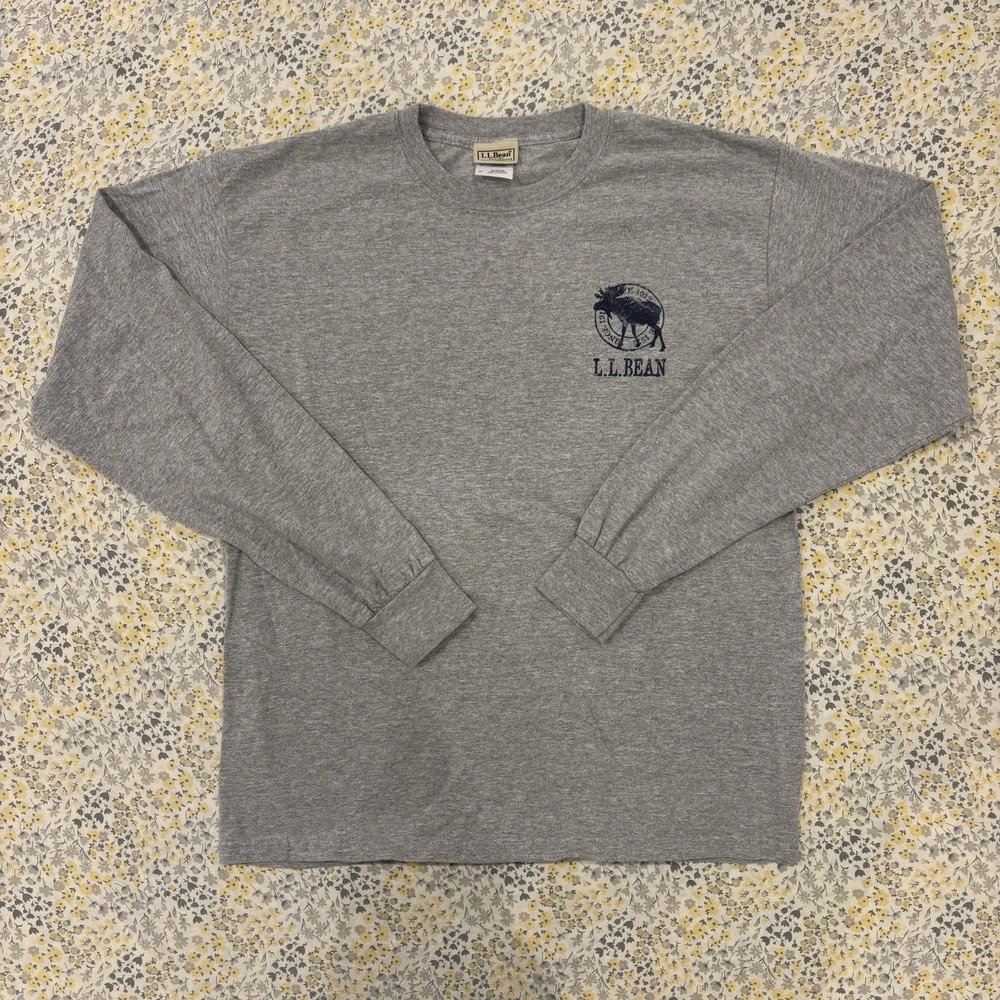 LL Bean Graphic Long Sleeve Shirt Grey Cotton Blend Knit Men's Medium Casual